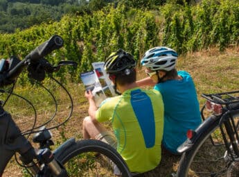 Couple à vélo dans les vignes