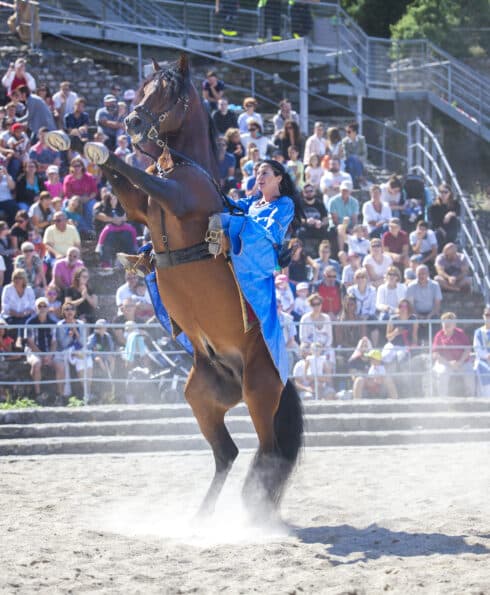 Fête Historique de Vienne, jeune femme costumée sur un cheval cabré