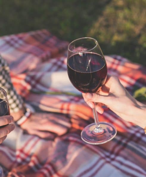 Personnes buvant du vin sur une couverture rouge