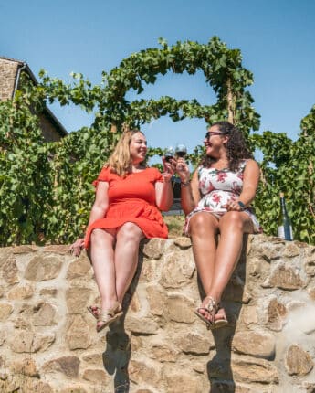 Deux jeunes femmes assises dans les vignes trinquent avec du vin