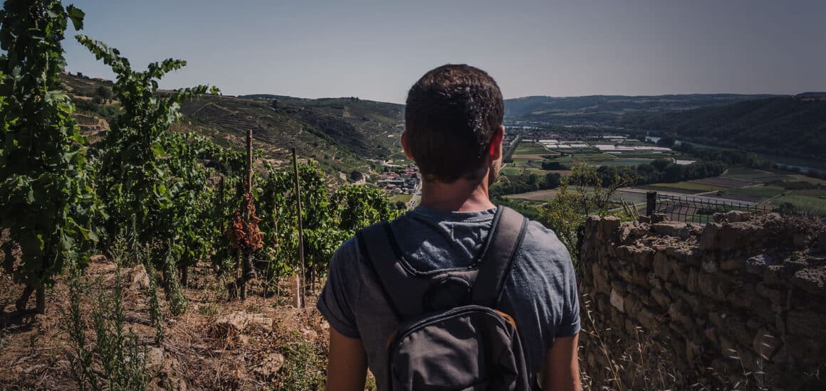 Homme contemplant les vignes et le Rhône avec un tee-shirt bleu et un sac à dos