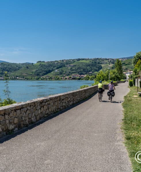 Deux personnes à vélo sur la ViaRhôna le long du Rhône à Condrieu