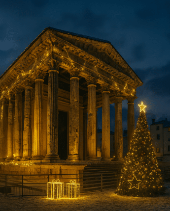 image générée par IA : Le temple de Vienne décoré pour noel