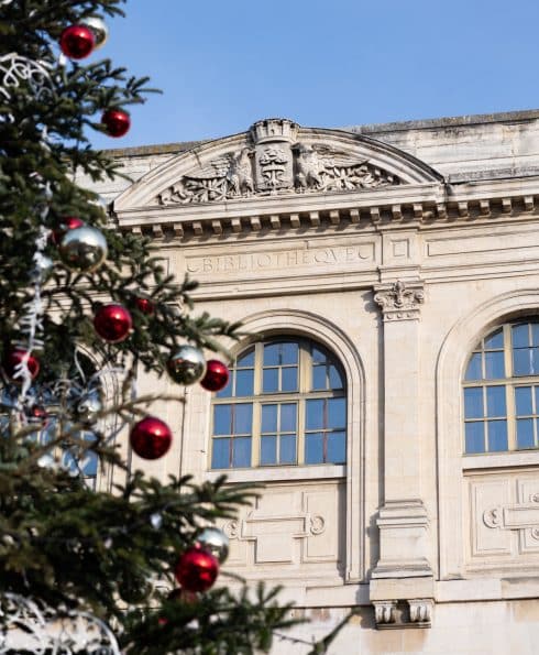 Hotel de ville avec sapin en premier plan et décoration de noël